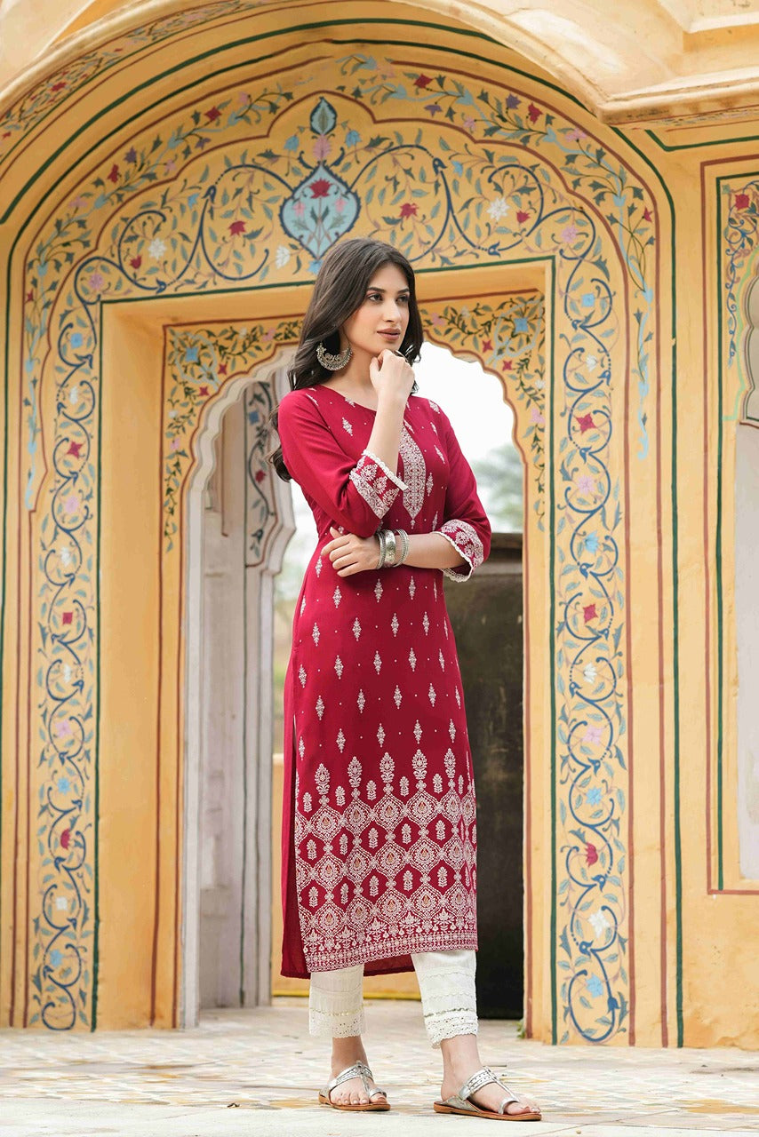 Juniper Maroon Rayon Festive Printed Straight Kurta For Women - Distacart