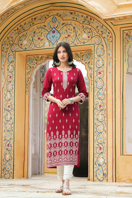 Juniper Maroon Rayon Festive Printed Straight Kurta For Women