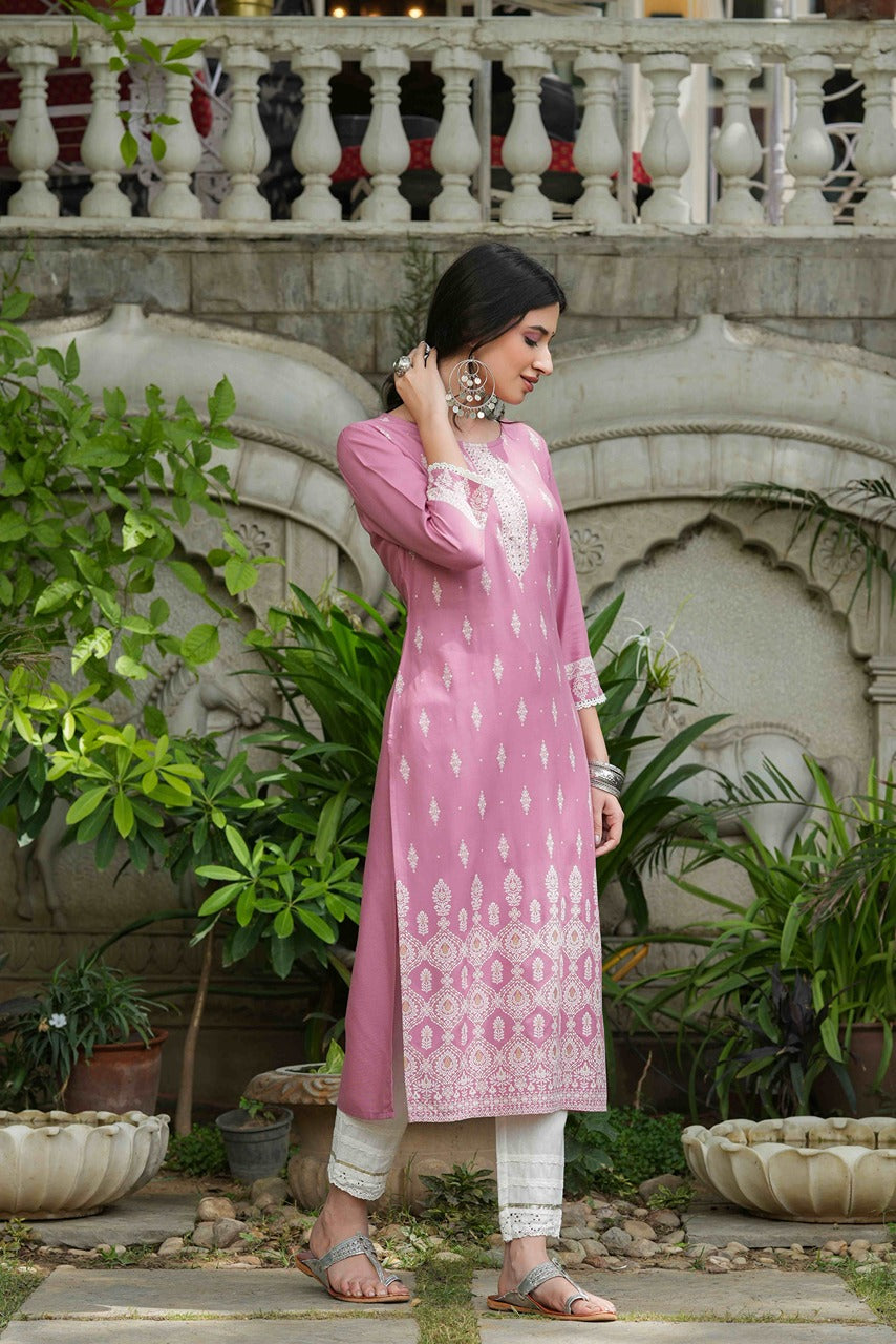 Juniper Onion Pink Rayon Festive Printed Straight Kurta For Women - Distacart