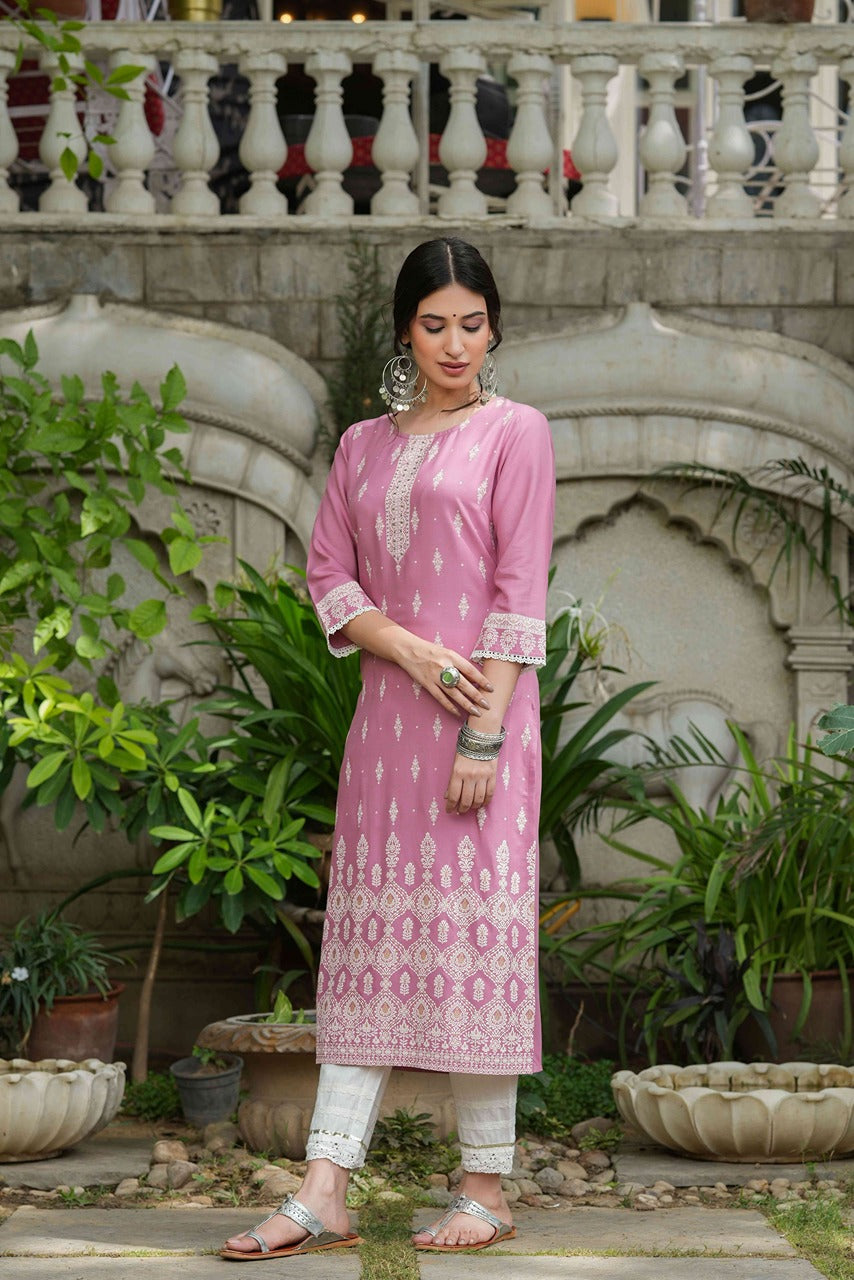 Juniper Onion Pink Rayon Festive Printed Straight Kurta For Women - Distacart