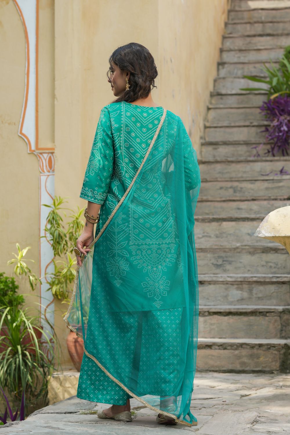 Juniper Womens Teal Shantoon Slub Bandhani Printed Kurta Palazzo Dupatta Set - Distacart