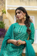 Juniper Womens Teal Shantoon Slub Bandhani Printed Kurta Palazzo Dupatta Set - Distacart