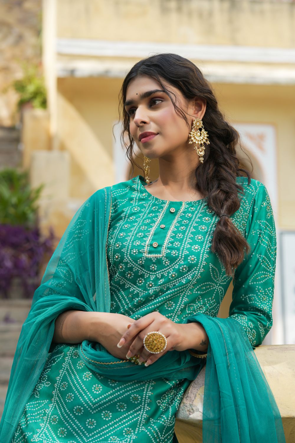 Juniper Womens Teal Shantoon Slub Bandhani Printed Kurta Palazzo Dupatta Set - Distacart