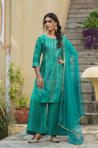 Juniper Womens Teal Shantoon Slub Bandhani Printed Kurta Palazzo Dupatta Set - Distacart