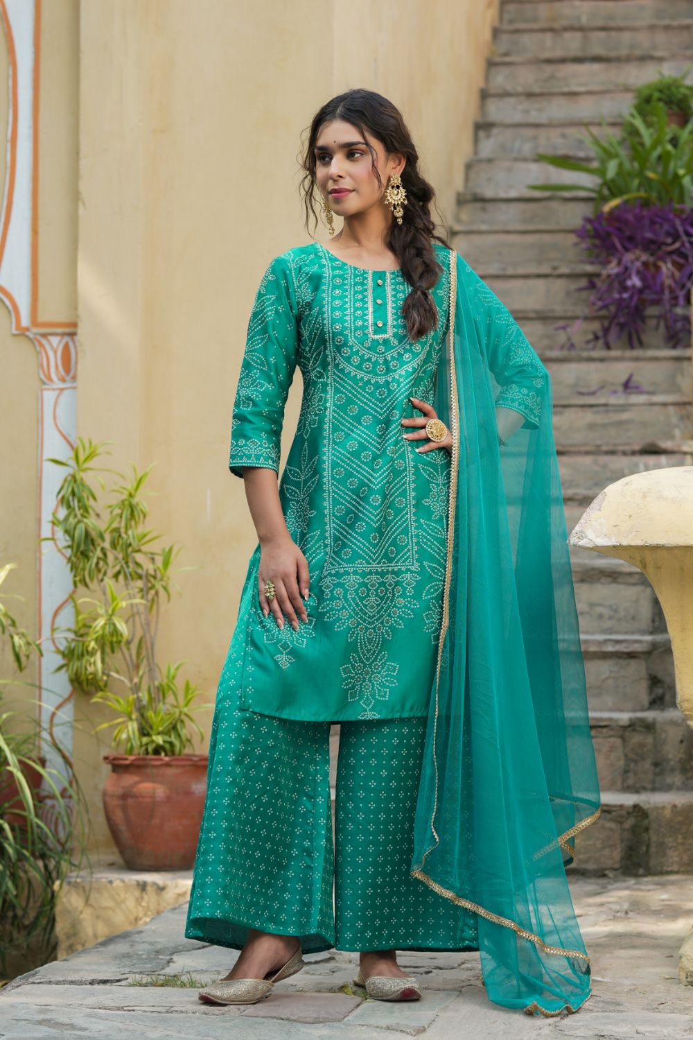 Juniper Womens Teal Shantoon Slub Bandhani Printed Kurta Palazzo Dupatta Set - Distacart