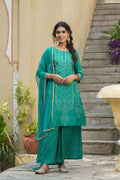 Juniper Womens Teal Shantoon Slub Bandhani Printed Kurta Palazzo Dupatta Set - Distacart