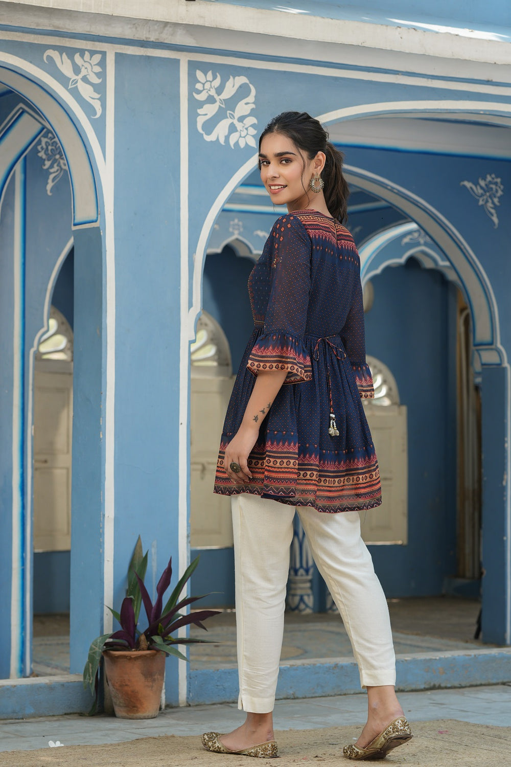 Juniper Indigo Georgette Festive Printed Flared Tunic For Women - Distacart