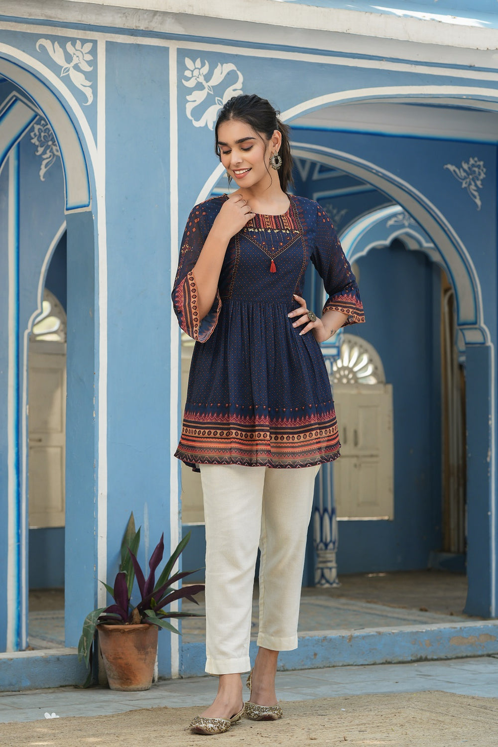 Juniper Indigo Georgette Festive Printed Flared Tunic For Women - Distacart