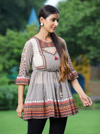 Juniper Off - White Georgette Festive Printed Flared Tunic For Women - Distacart