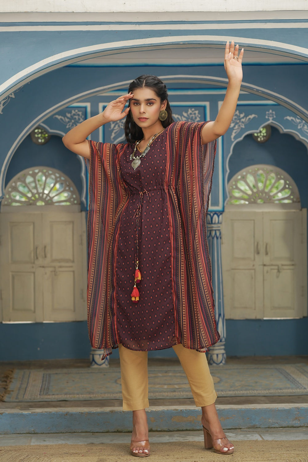 Juniper Brown Georgette Festive Printed Straight Kaftan For Women - Distacart
