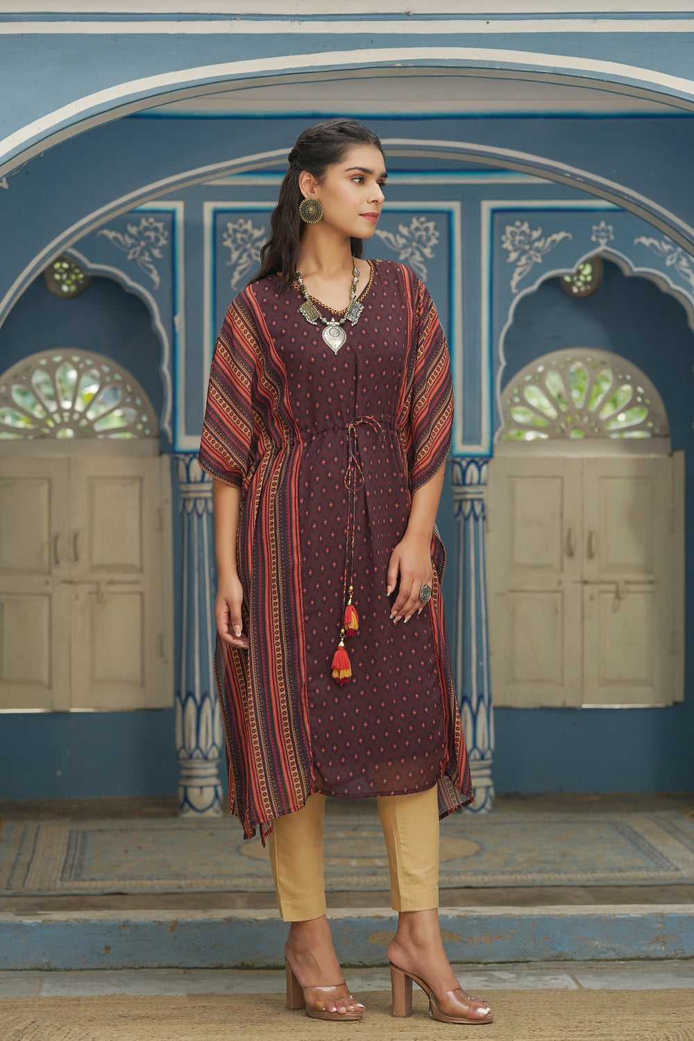 Juniper Brown Georgette Festive Printed Straight Kaftan For Women - Distacart