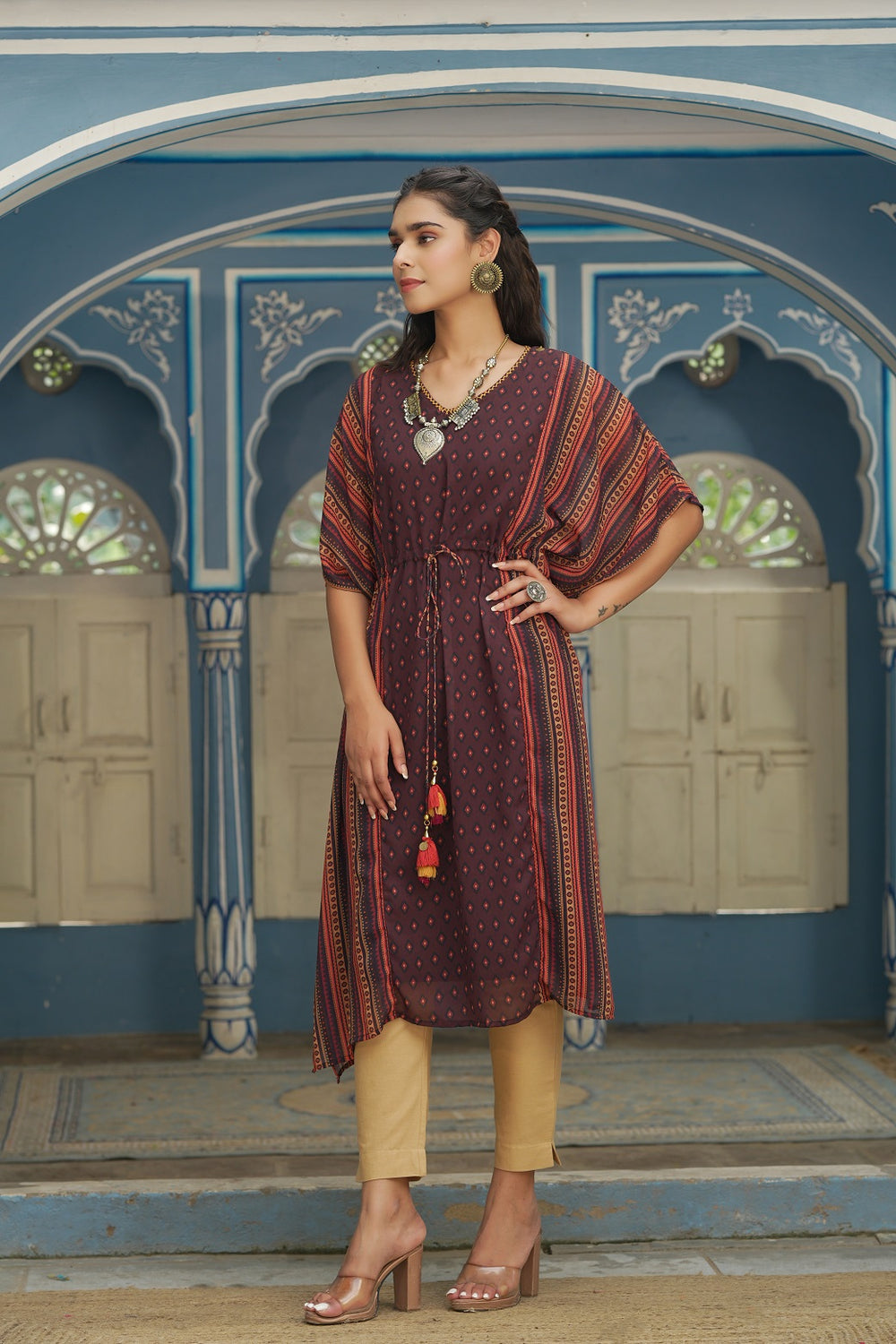Juniper Brown Georgette Festive Printed Straight Kaftan For Women - Distacart