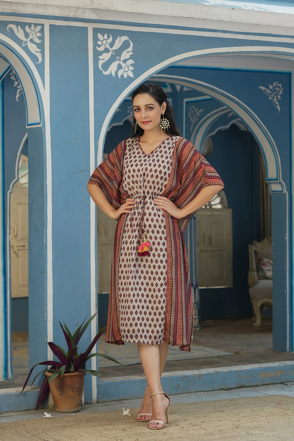 Juniper Cream Georgette Festive Printed Straight Kaftan For Women - Distacart