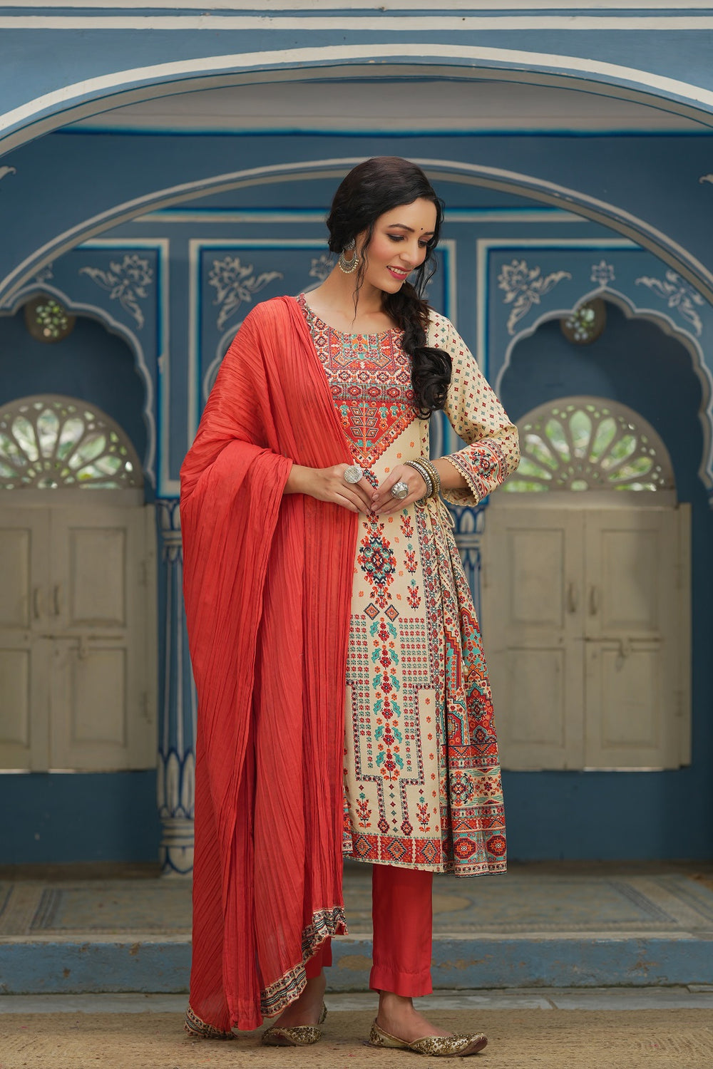 Juniper Off - White Rayon Festive Printed A-Line Skd For Women - Distacart
