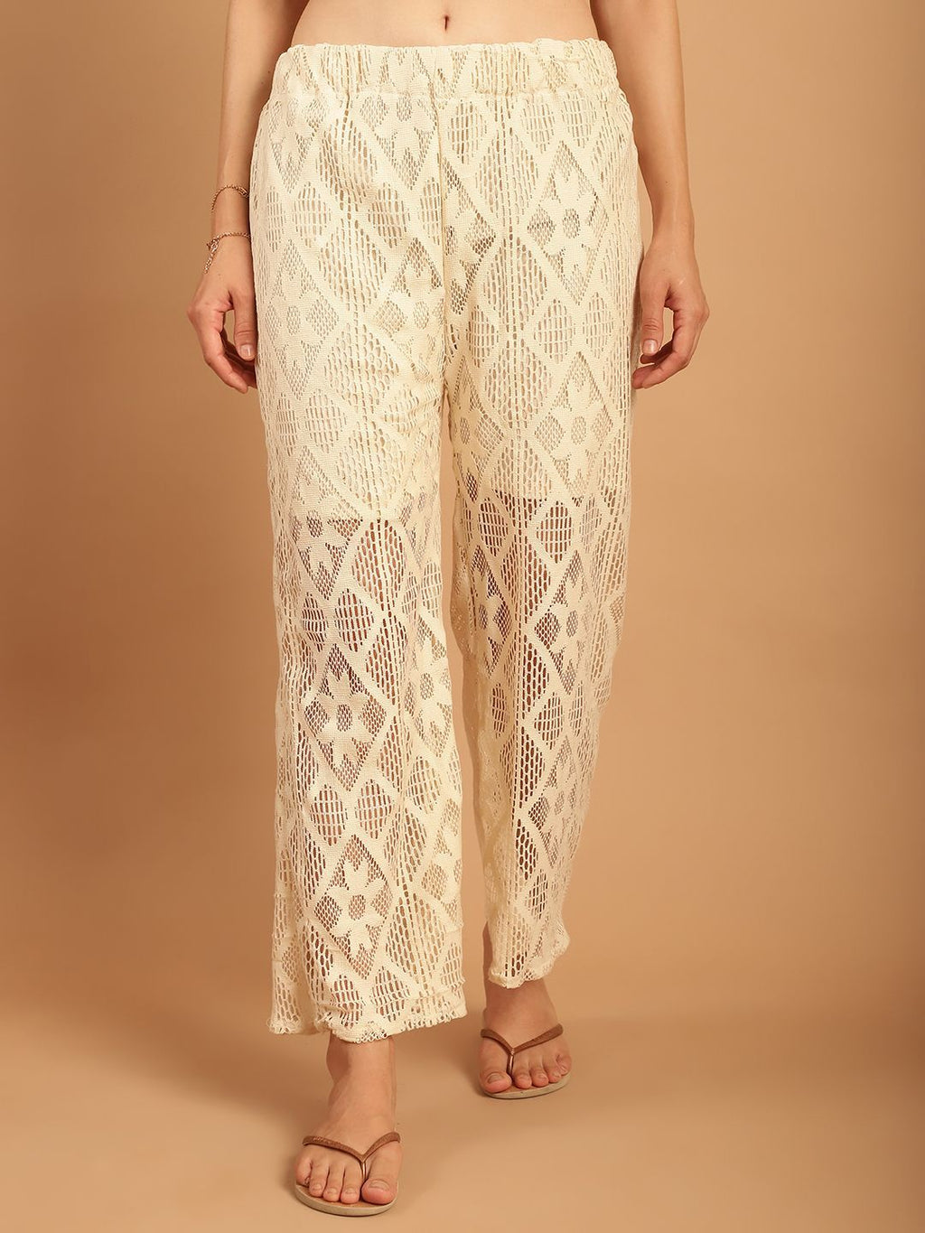 TAG 7 Women Geometric Self Design Sheer With Half Lining Crochet Wide Leg Palazzos