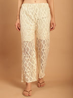 TAG 7 Women Geometric Self Design Sheer With Half Lining Crochet Wide Leg Palazzos