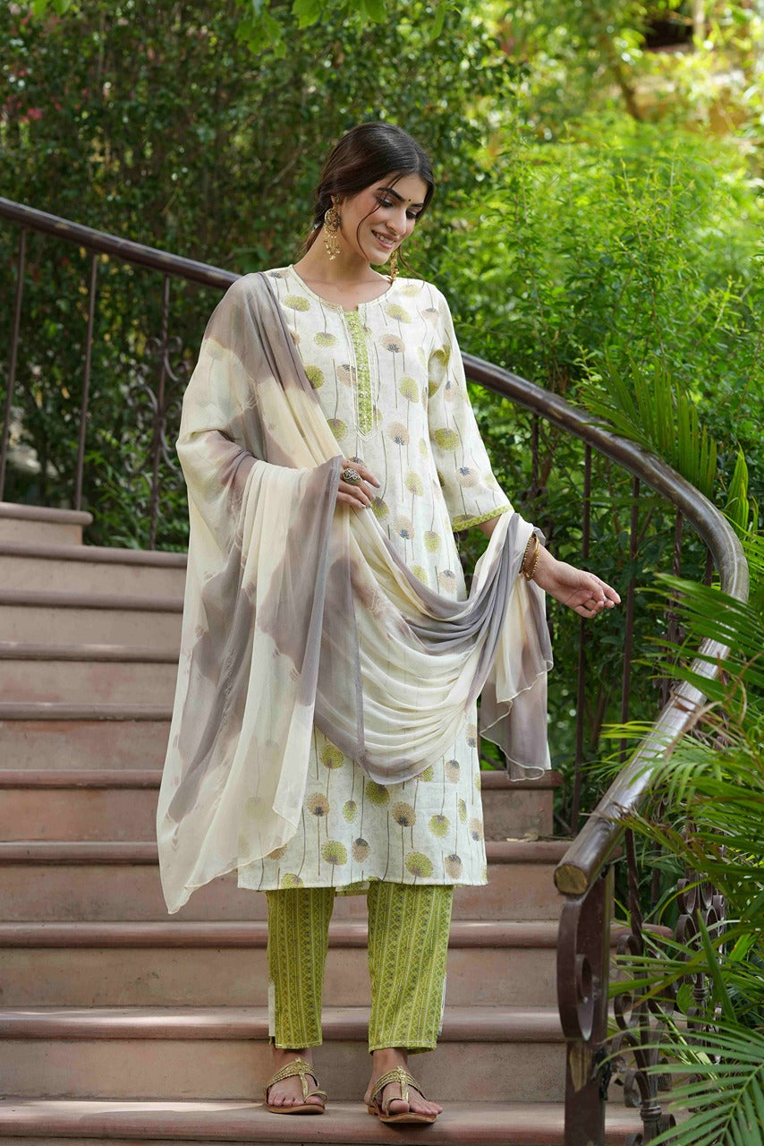 Juniper Green Rayon Casual Wear Printed Straight Kurta Pant Dupatta Set - Distacart