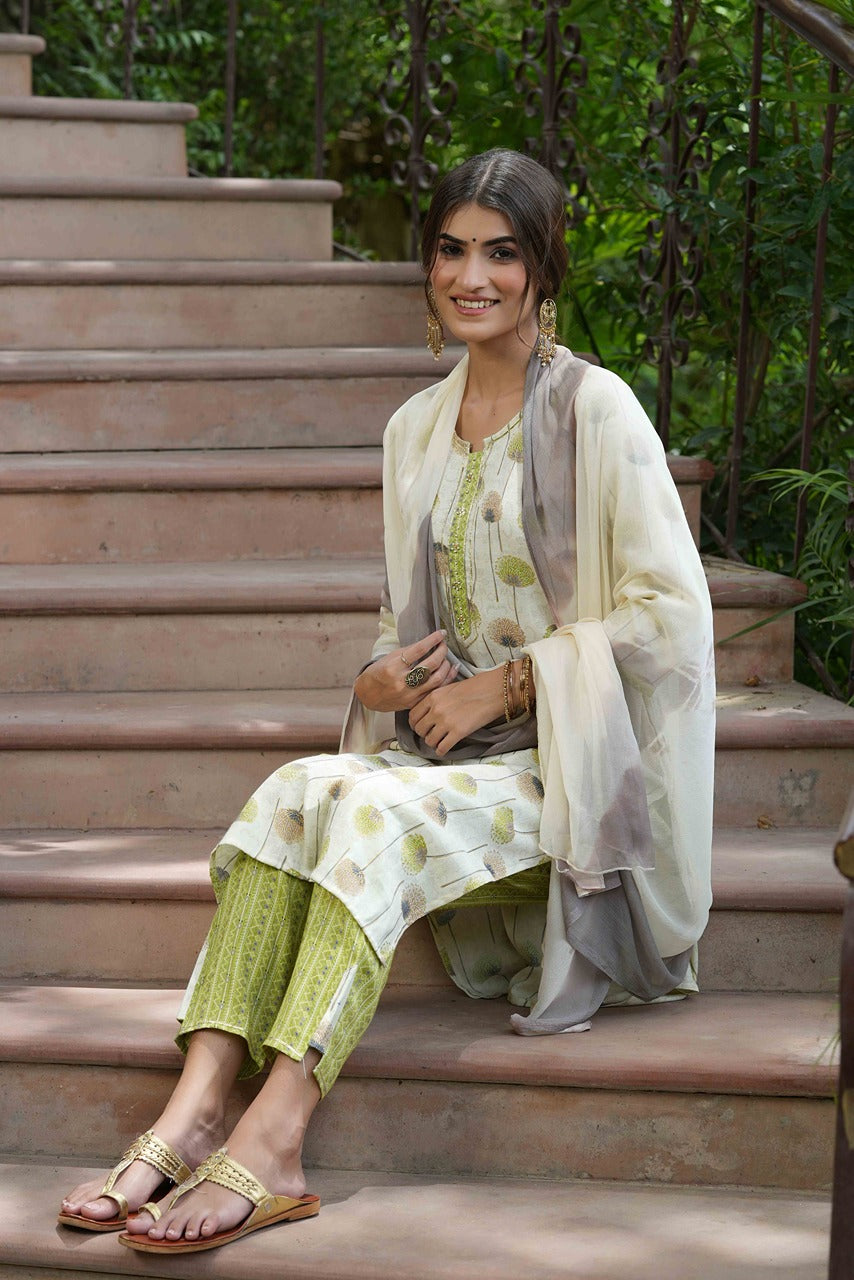 Juniper Green Rayon Casual Wear Printed Straight Kurta Pant Dupatta Set - Distacart