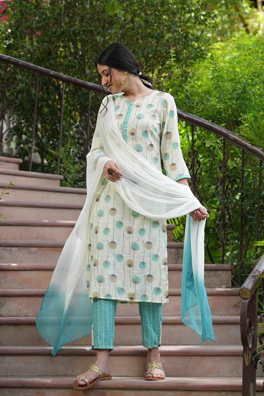 Juniper Skyblue Rayon Casual Wear Printed Straight Kurta Pant Dupatta Set - Distacart
