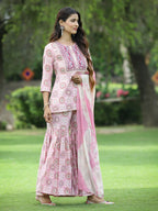 Juniper Pink Muslin Festive Wear Mirror Work Straight Kurta Sharara Dupatta Set - Distacart