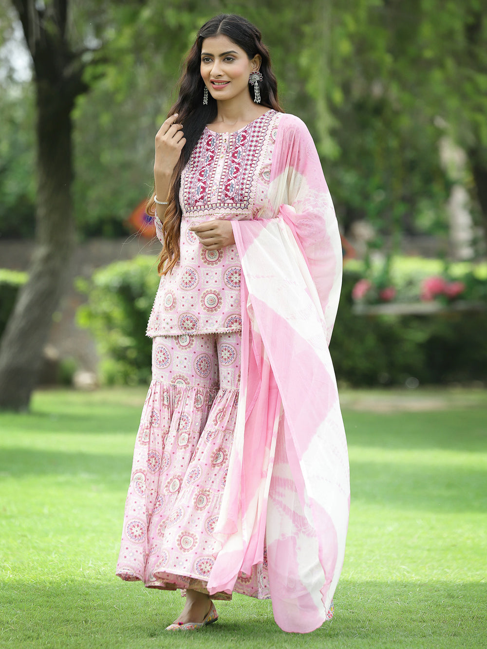 Juniper Pink Muslin Festive Wear Mirror Work Straight Kurta Sharara Dupatta Set - Distacart