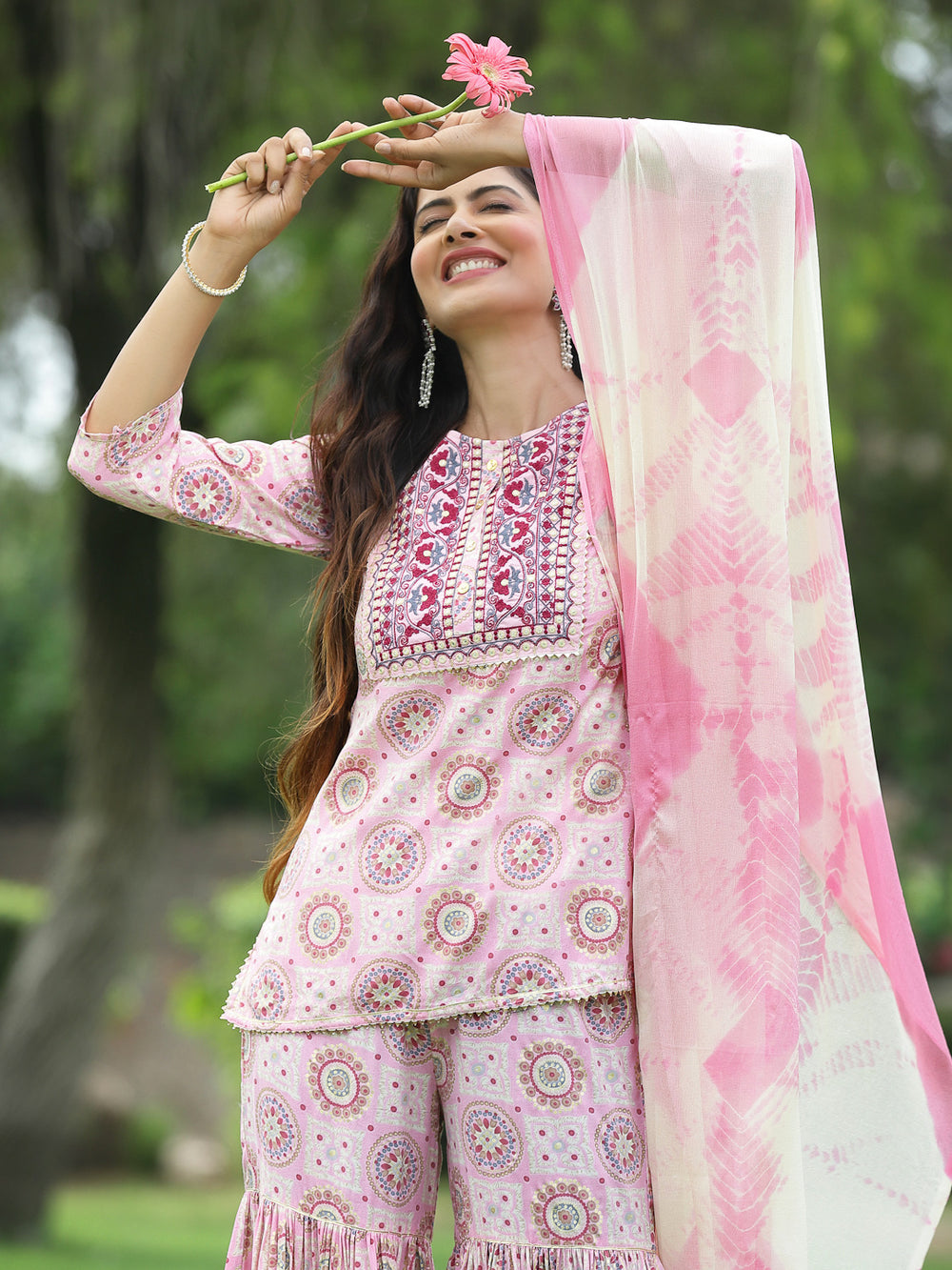 Juniper Pink Muslin Festive Wear Mirror Work Straight Kurta Sharara Dupatta Set - Distacart