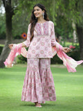 Juniper Pink Muslin Festive Wear Mirror Work Straight Kurta Sharara Dupatta Set - Distacart