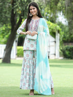 Juniper Skyblue Muslin Festive Wear Mirror Work Straight Kurta Sharara Dupatta Set - Distacart