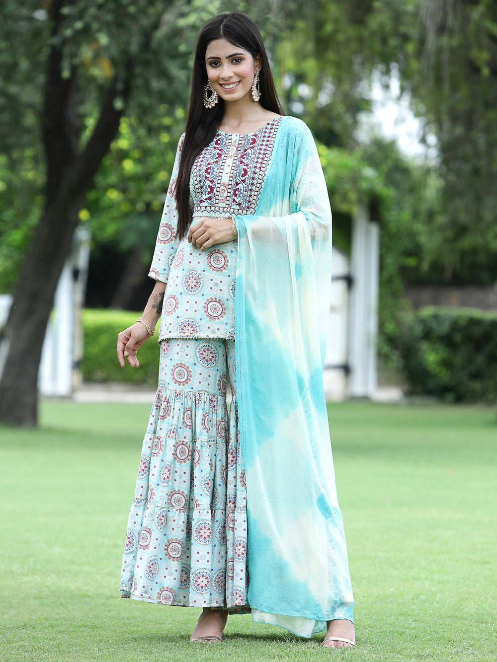 Juniper Skyblue Muslin Festive Wear Mirror Work Straight Kurta Sharara Dupatta Set - Distacart