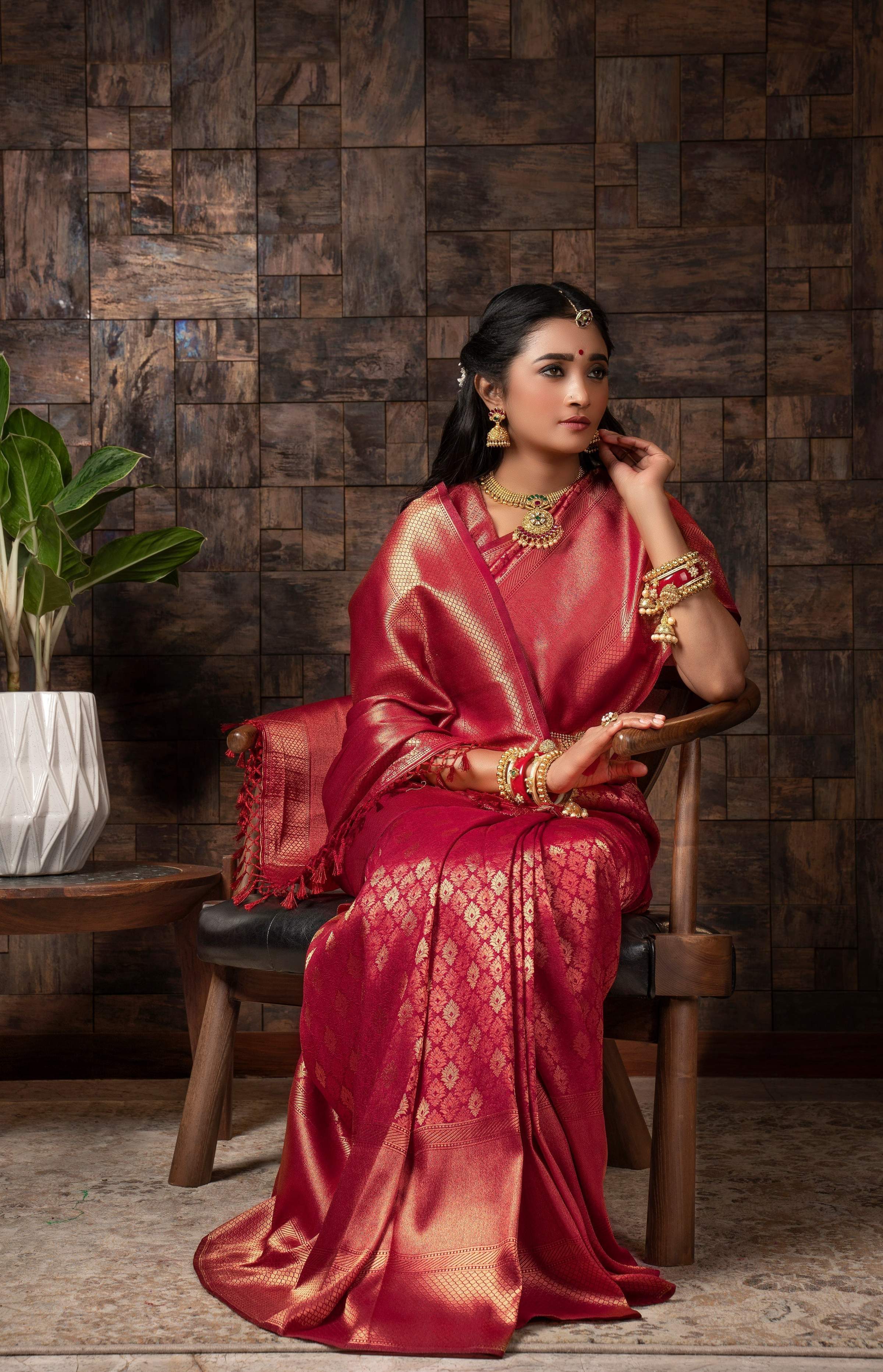 Vardha Persian Red Golden Zari Kanjeevaram Silk Saree