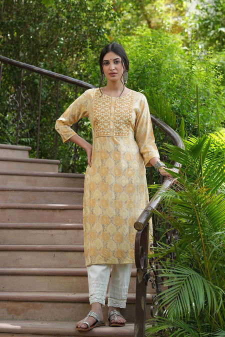 Juniper Beige Muslin Festive Wear Mirror Work Straight Kurta
