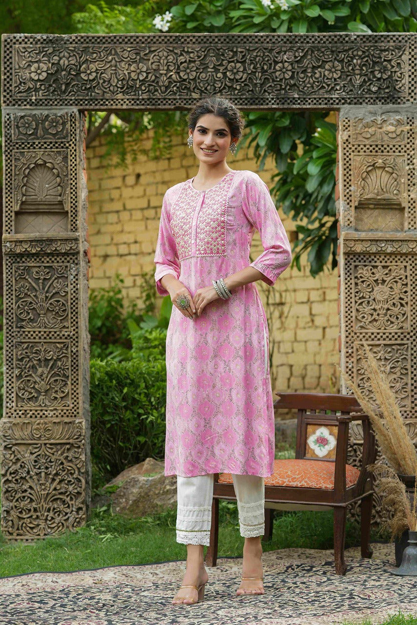 Juniper Pink Muslin Festive Wear Mirror Work Straight Kurta - Distacart