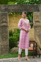 Juniper Pink Muslin Festive Wear Mirror Work Straight Kurta - Distacart