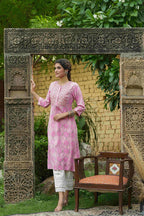 Juniper Pink Muslin Festive Wear Mirror Work Straight Kurta - Distacart