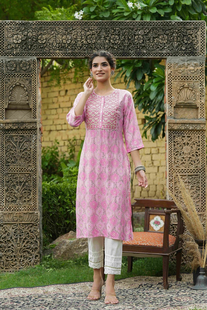 Juniper Pink Muslin Festive Wear Mirror Work Straight Kurta - Distacart