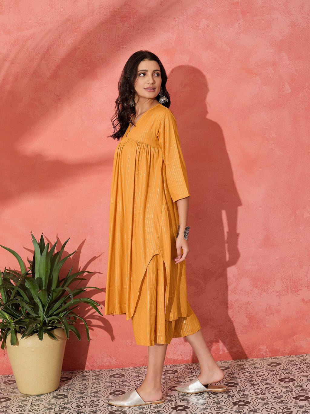InWeave Mustard Lurex Flared V Neck Kurta Palazzo Set
