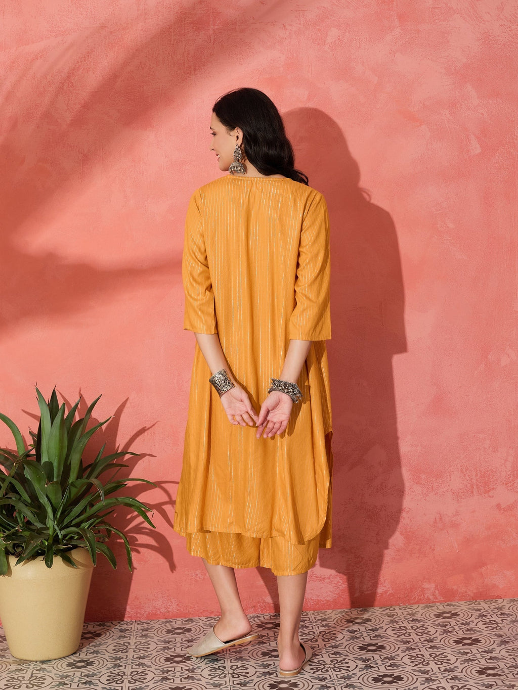 InWeave Mustard Lurex Flared V Neck Kurta Palazzo Set