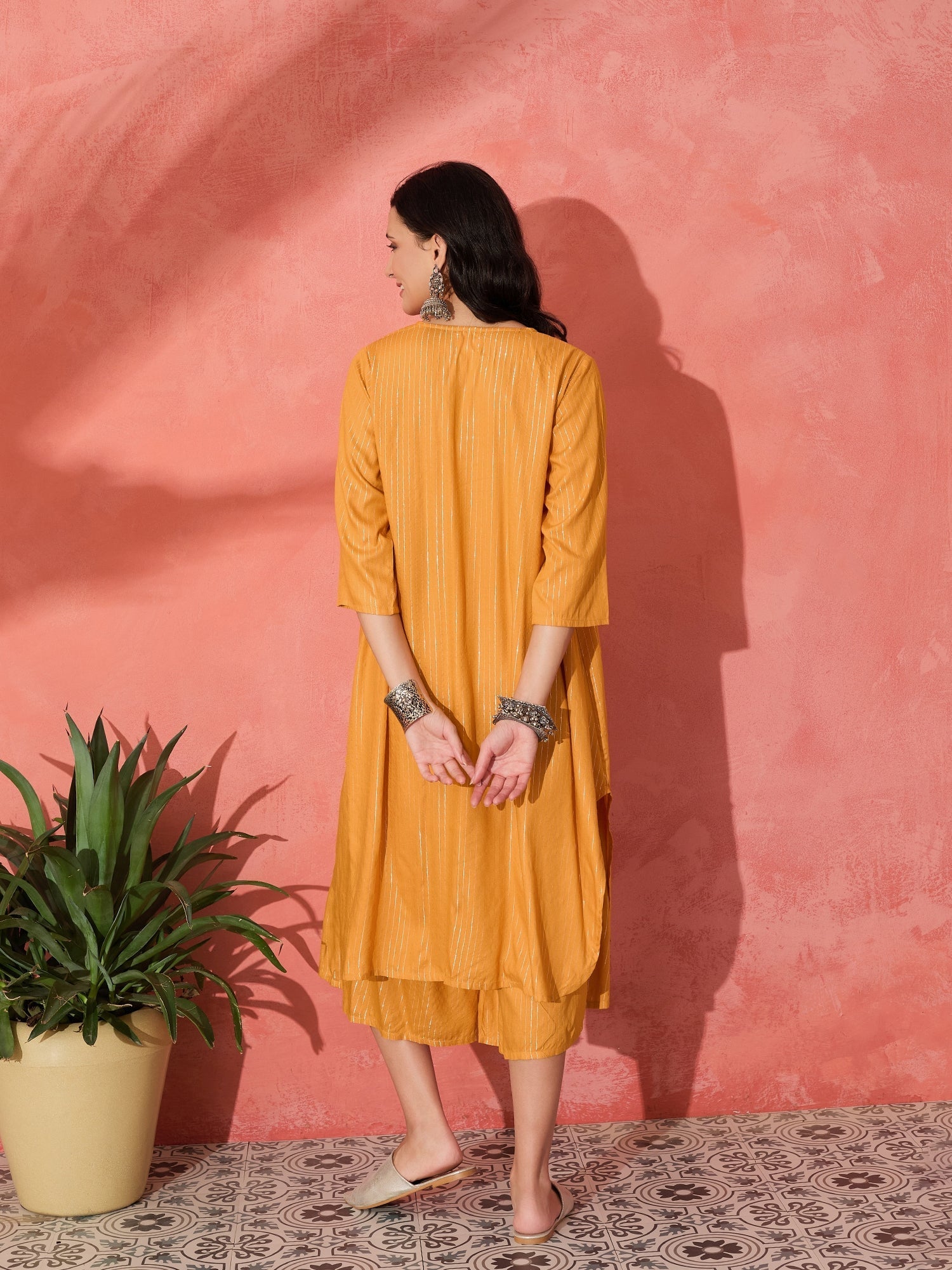 InWeave Mustard Lurex Flared V Neck Kurta Palazzo Set