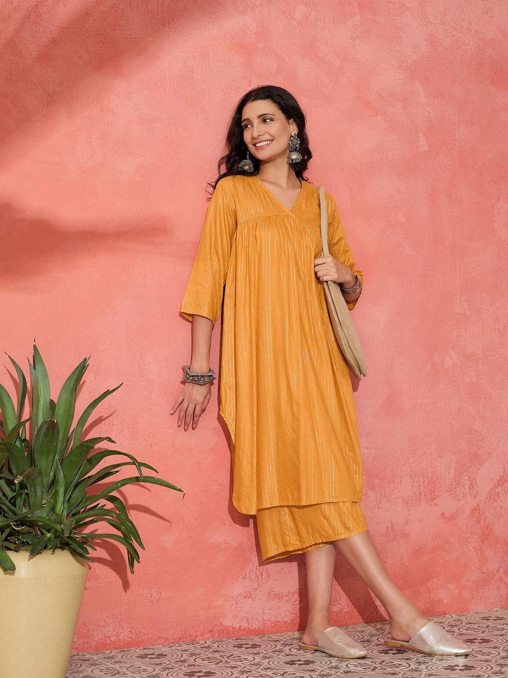 InWeave Mustard Lurex Flared V Neck Kurta Palazzo Set