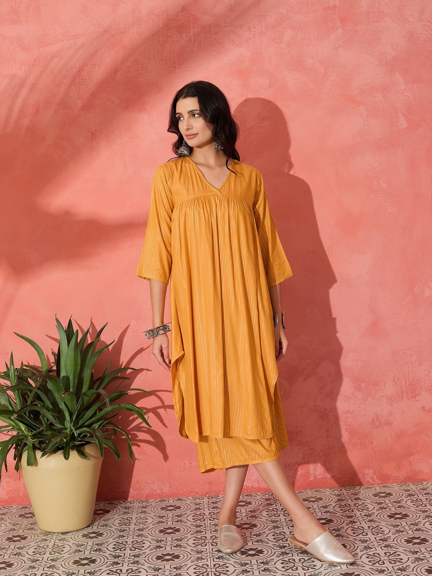 InWeave Mustard Lurex Flared V Neck Kurta Palazzo Set