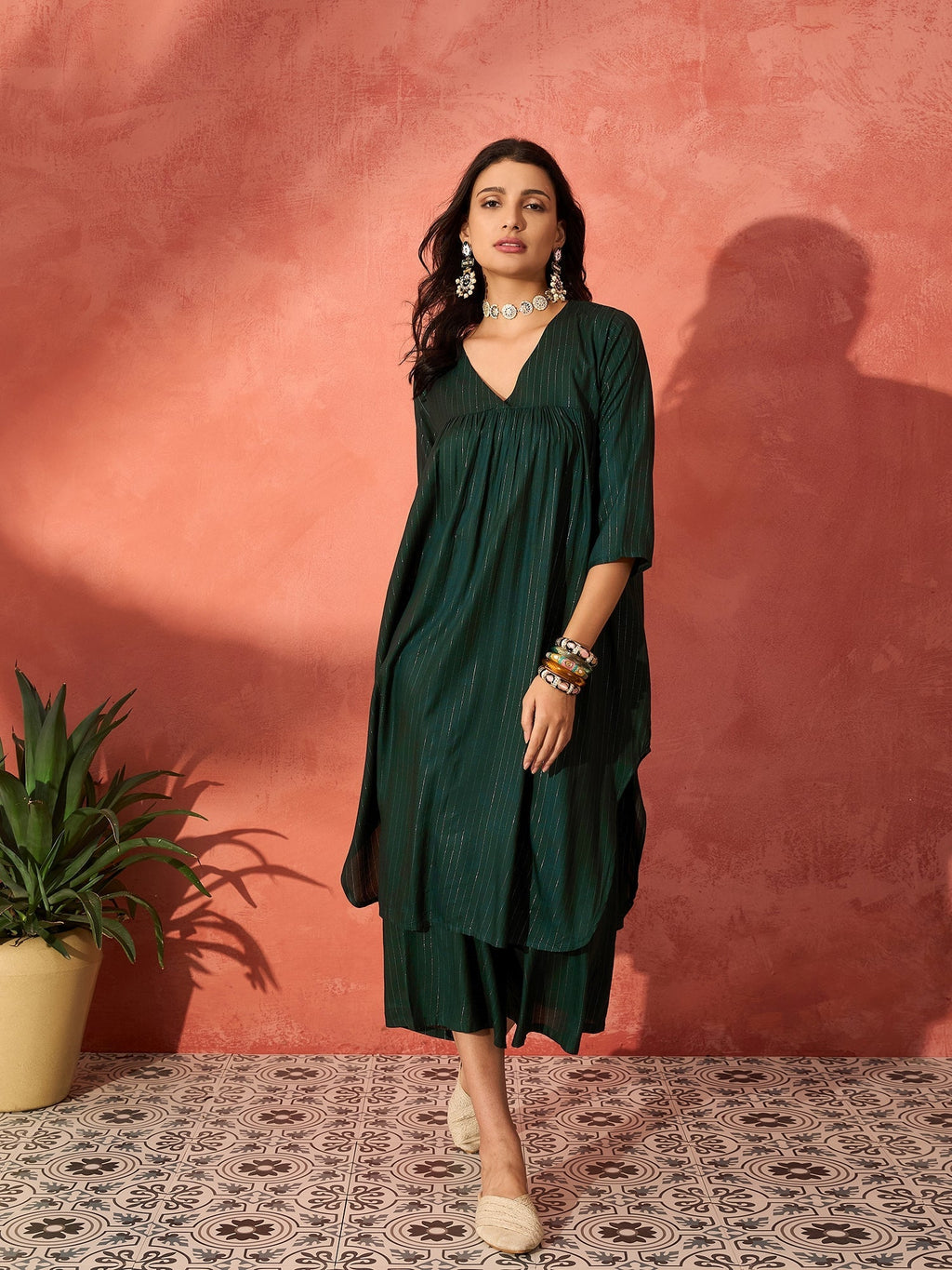 InWeave Pine Green Lurex Flared V Neck Kurta Palazzo Set