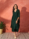 InWeave Pine Green Lurex Flared V Neck Kurta Palazzo Set