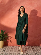 InWeave Pine Green Lurex Flared V Neck Kurta Palazzo Set