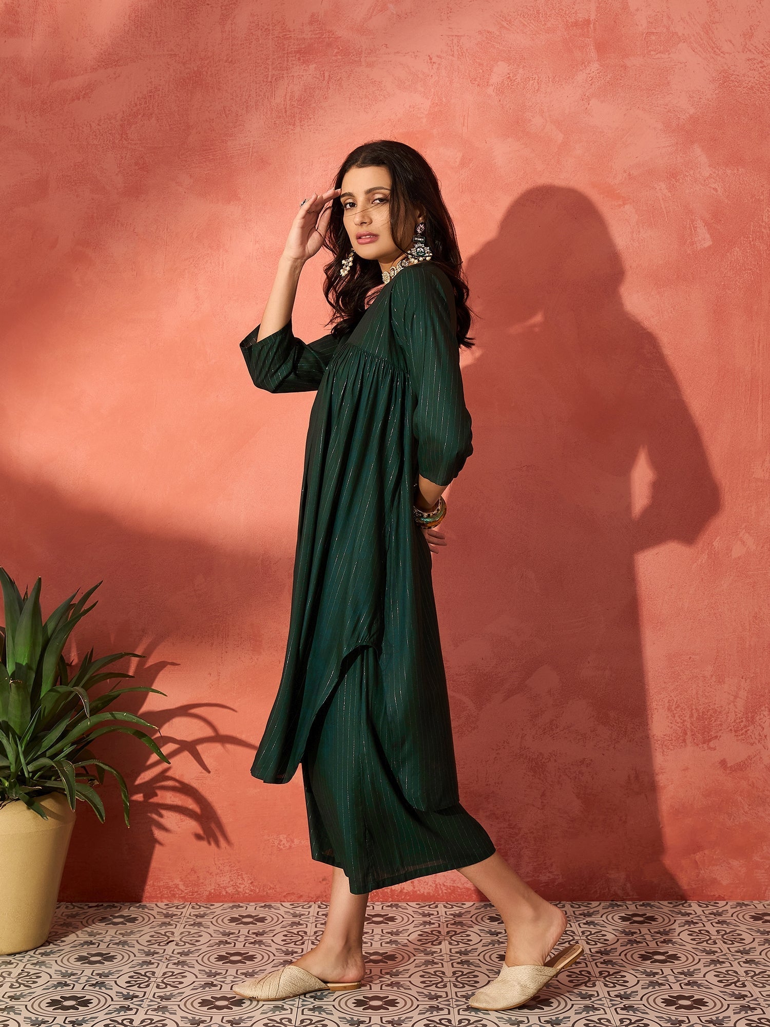 InWeave Pine Green Lurex Flared V Neck Kurta Palazzo Set