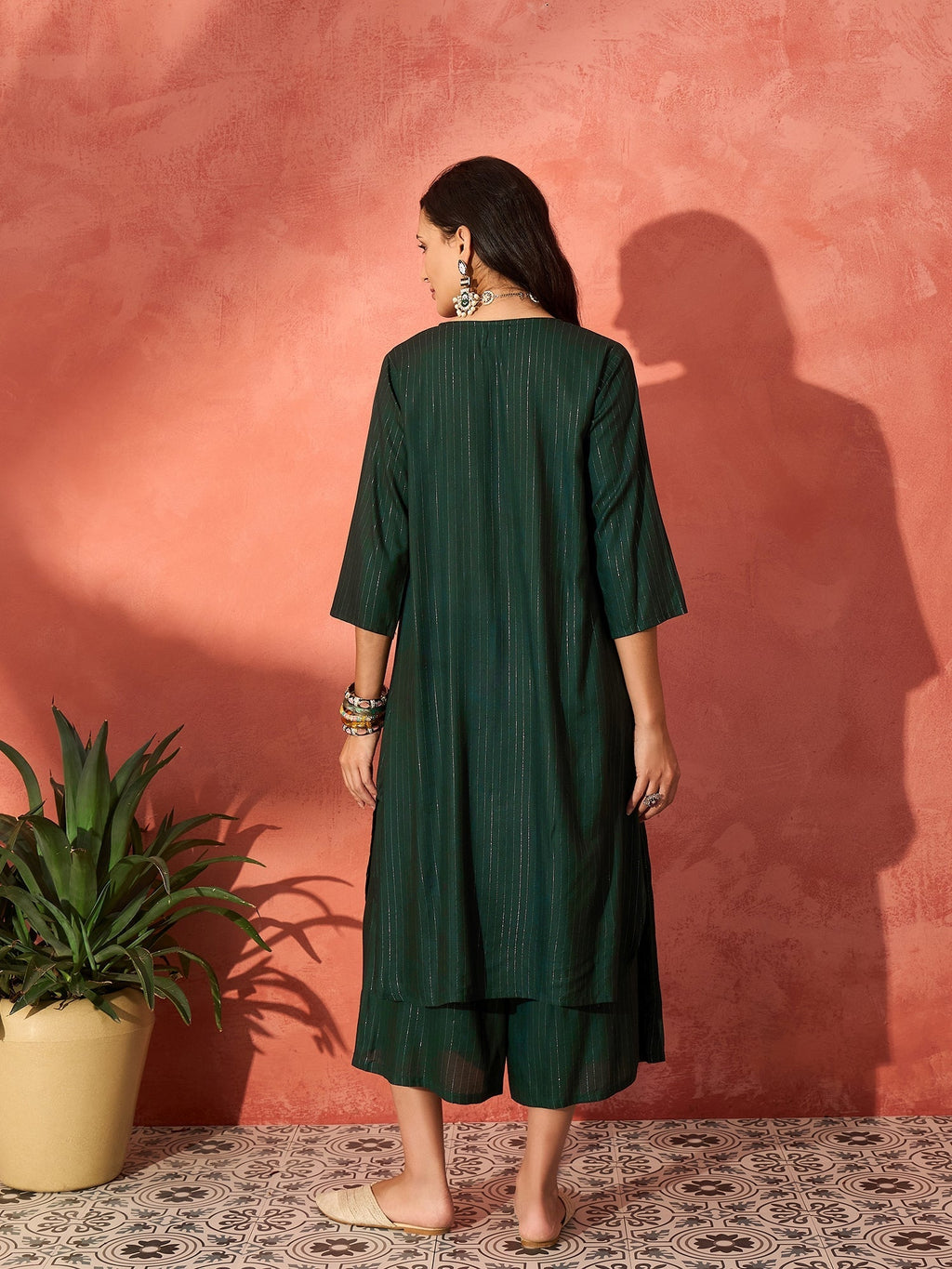 InWeave Pine Green Lurex Flared V Neck Kurta Palazzo Set