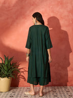 InWeave Pine Green Lurex Flared V Neck Kurta Palazzo Set