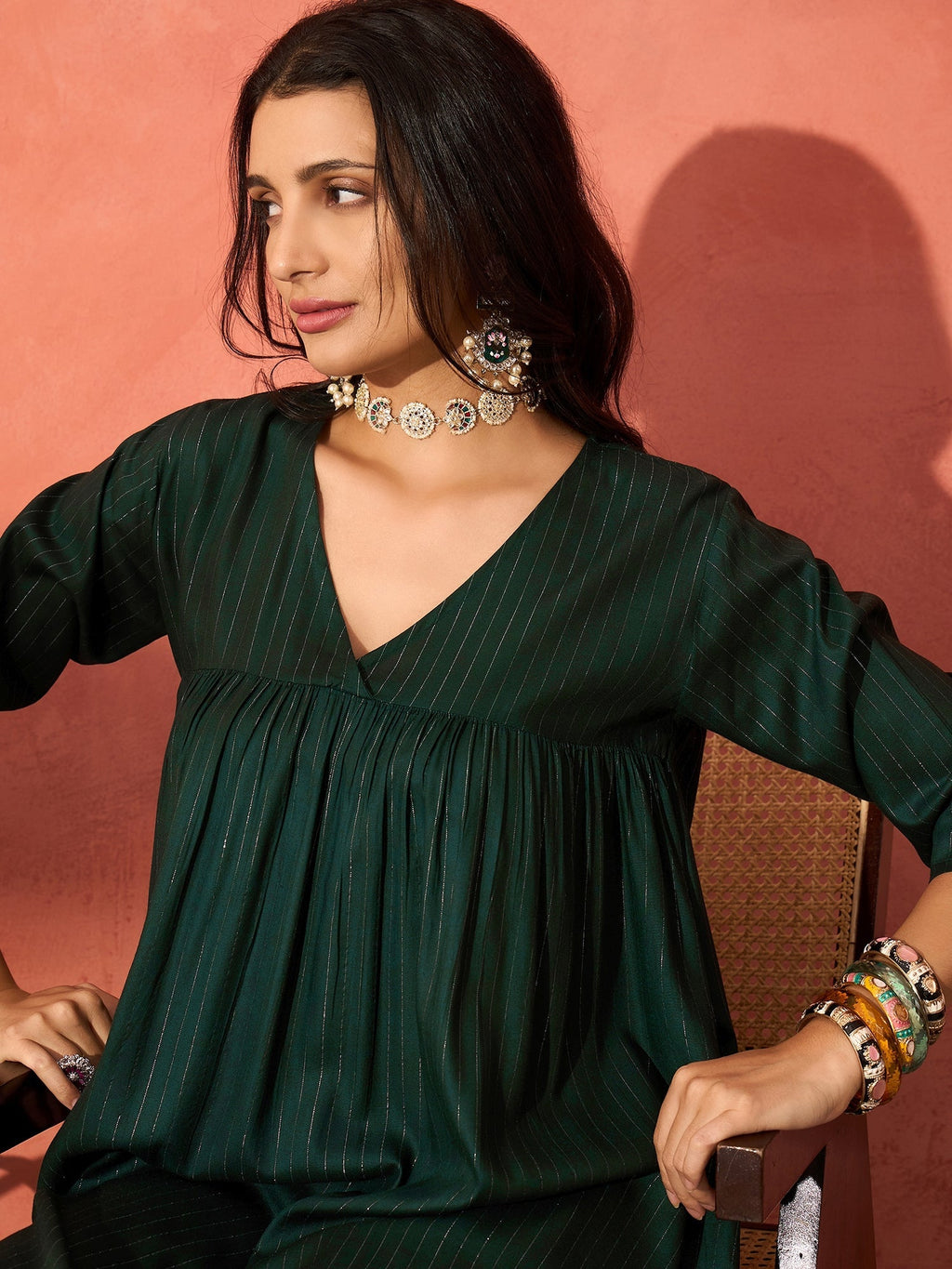 InWeave Pine Green Lurex Flared V Neck Kurta Palazzo Set