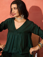 InWeave Pine Green Lurex Flared V Neck Kurta Palazzo Set