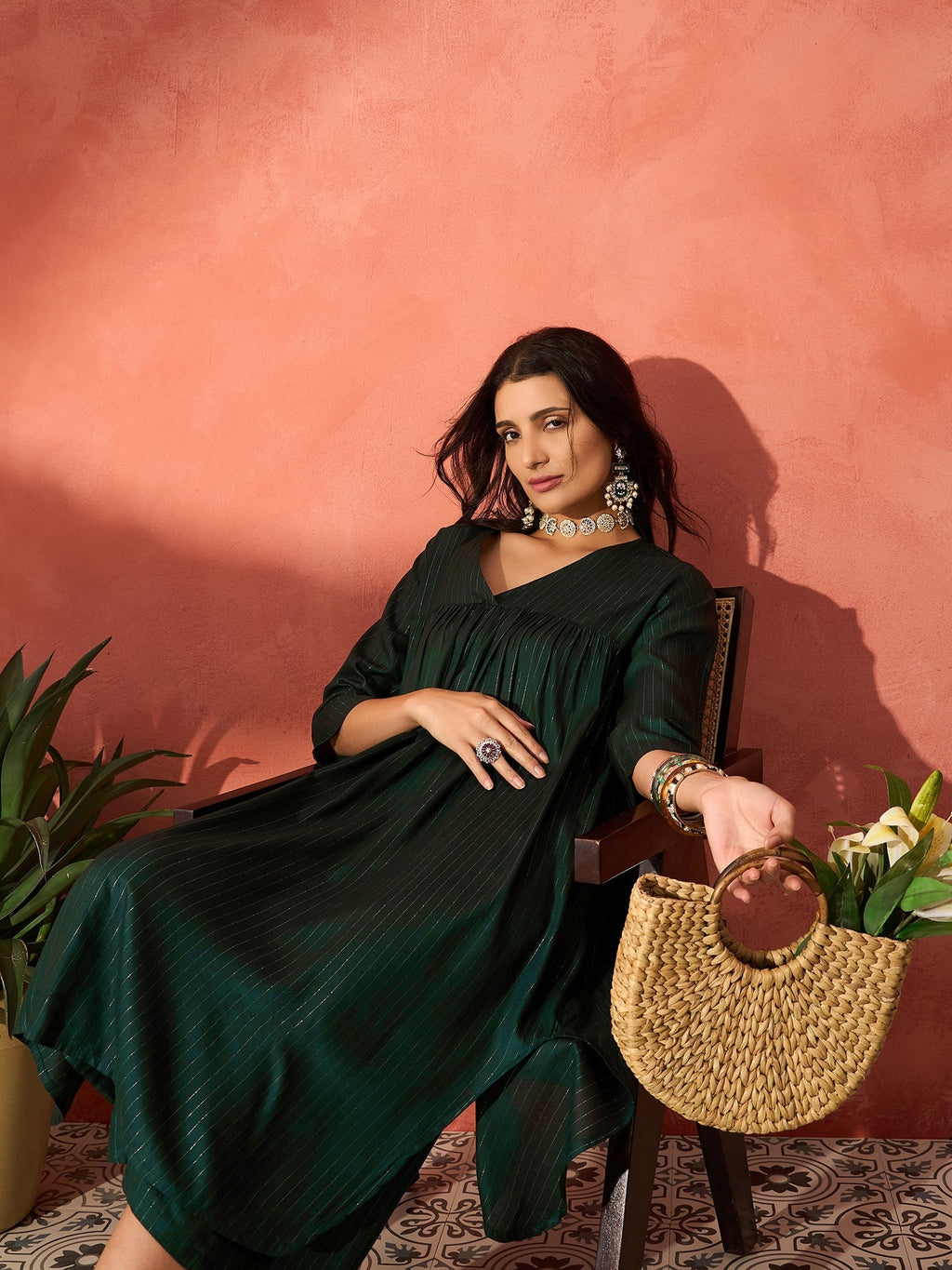 InWeave Pine Green Lurex Flared V Neck Kurta Palazzo Set