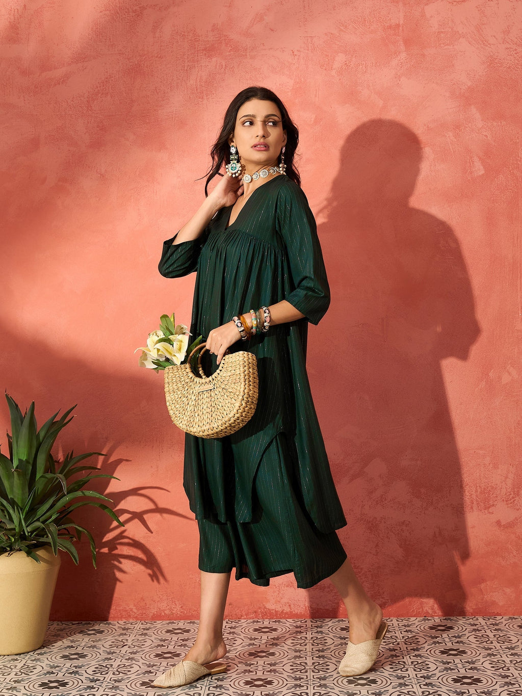 InWeave Pine Green Lurex Flared V Neck Kurta Palazzo Set